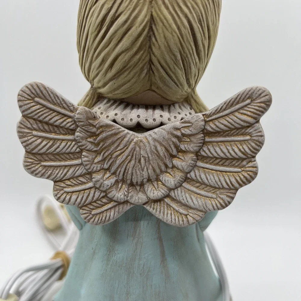 Vintage Angel Night Light Lamp Big Eyes Ceramic Figurine Blue Dress Halo Lantern